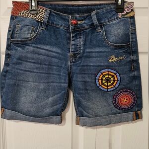 Embroidered Denim Shorts with Colorful Patches